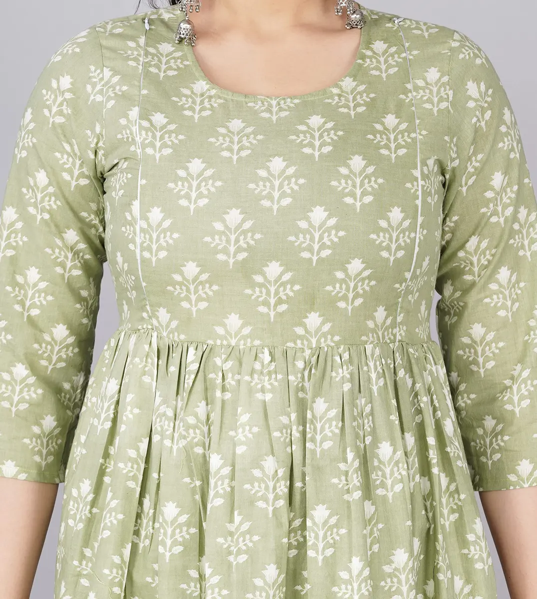 Jikonet Green Floral Maternity Kurti Dress XX-Large (47 Inch / 119.4 cm) | Long Sleeve Breastfeeding Friendly - view 5