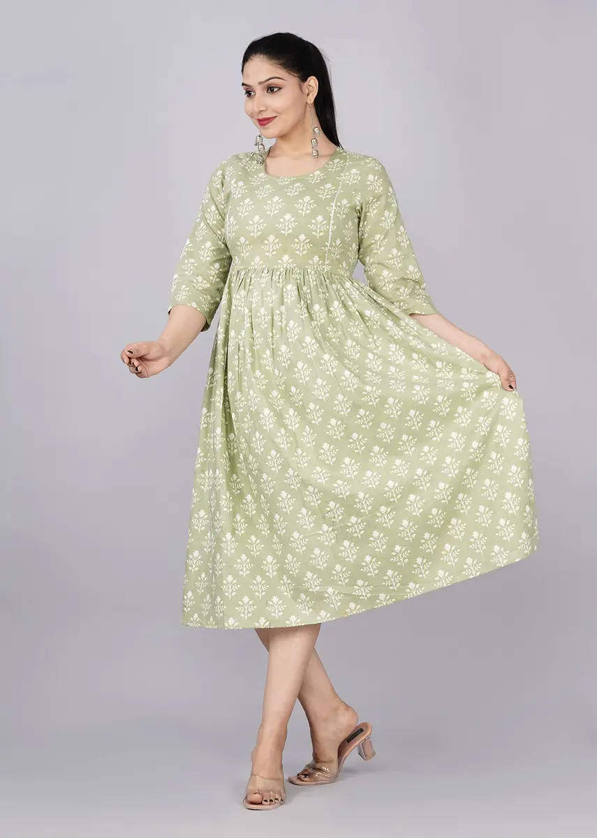 Jikonet Women's Maternity Floral Maxi Dress with Long Sleeves & Concealed Zips - Cardamom Green, Large (47 Inch Length) - view 3