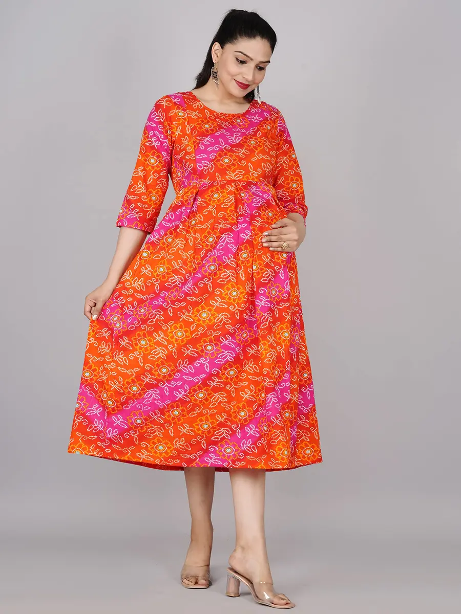 Jikonet Women's Maternity Red Dress Kurti for Pregnancy & Breastfeeding | Casual Floral Maxi with Long Sleeves - view 6