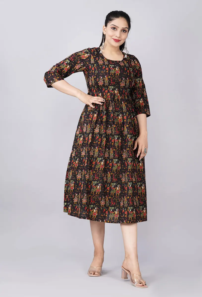 Jikonet Women's Maternity Kurti for Pregnancy with Breastfeeding - Black Floral Maxi Dress with Long Sleeves - view 5