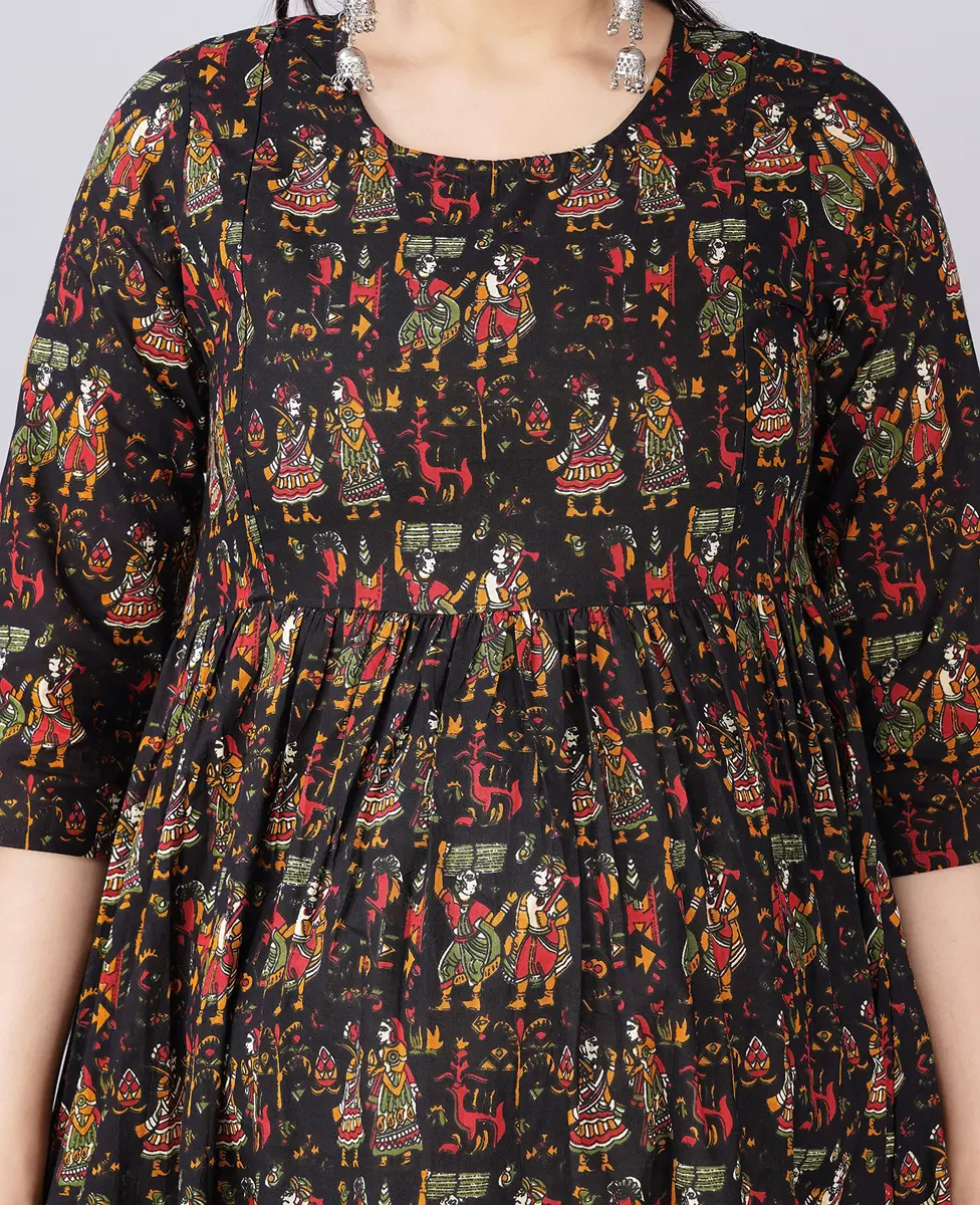 Jikonet Women's Black Floral Maternity Nursing Dress with Long Sleeves & Zippers | 115 cm (45 Inch) Anarkali Kurti - view 4