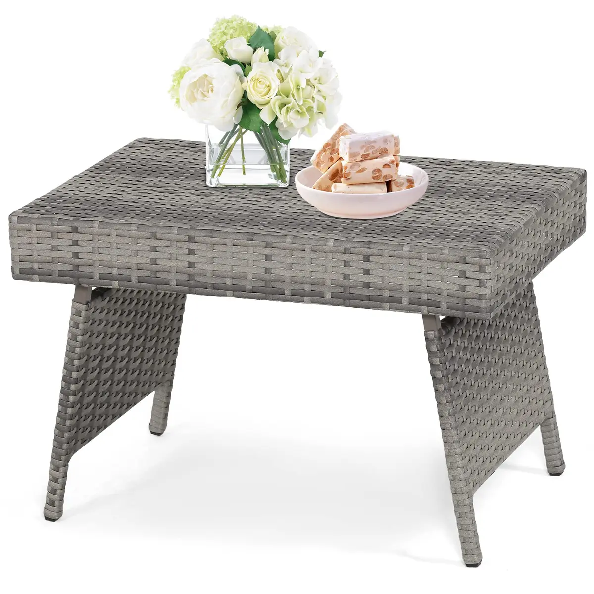 HAPPYGRILL Outdoor Wicker Table Folding Rattan Side Table 24" x 16" | Foldable Patio Garden Table - main product image