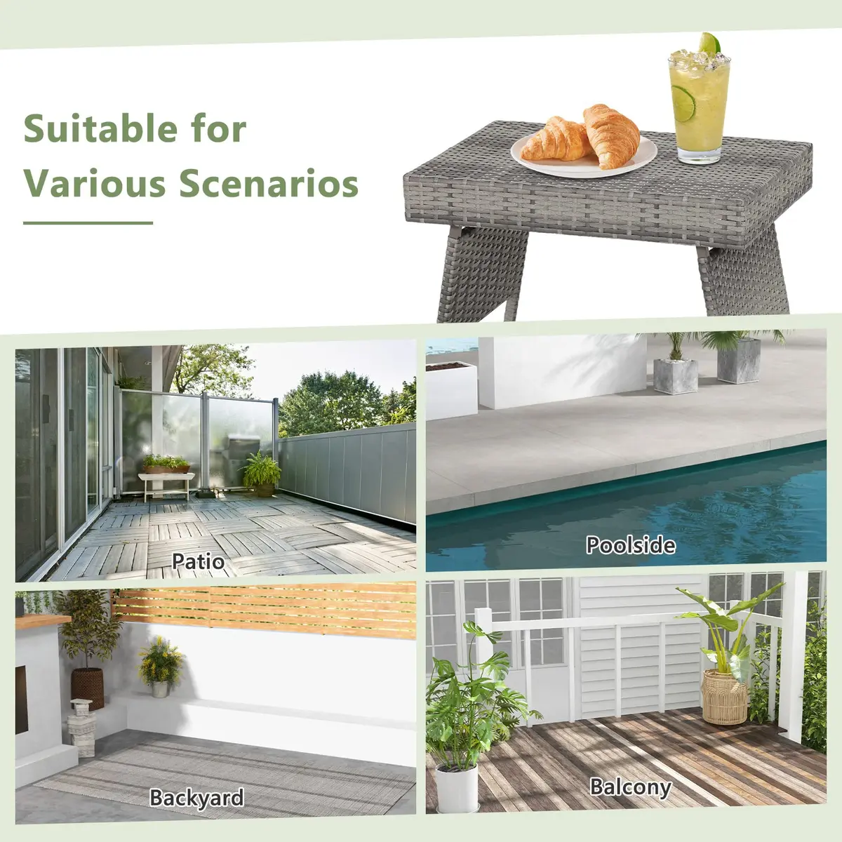 HAPPYGRILL Outdoor Wicker Table Folding Rattan Side Table 24" x 16" | Foldable Patio Garden Table - view 5