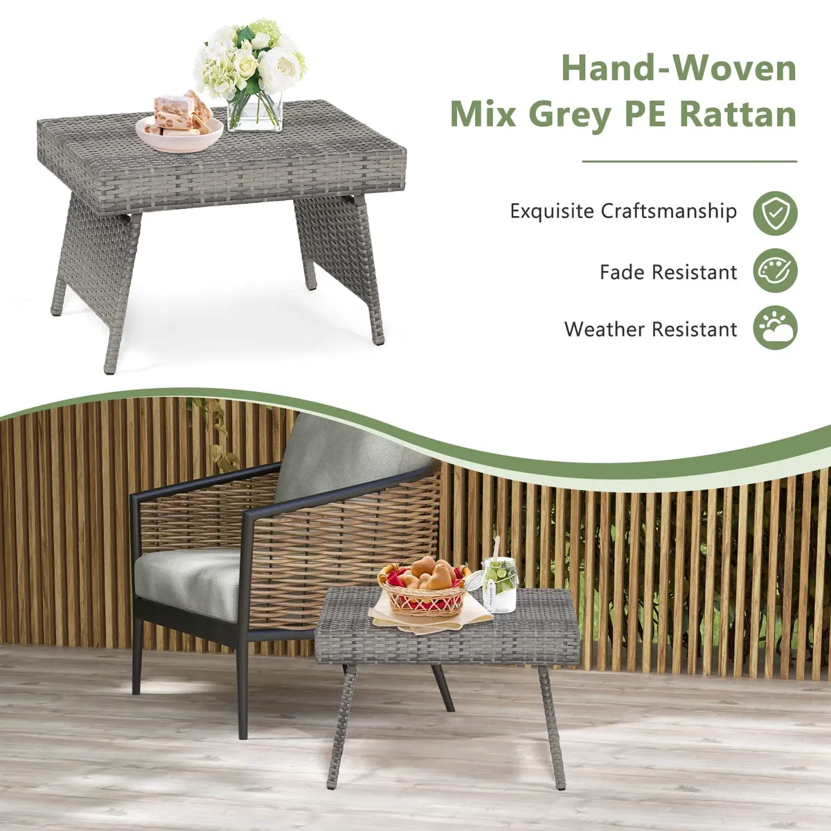HAPPYGRILL Outdoor Wicker Table Folding Rattan Side Table 24" x 16" | Foldable Patio Garden Table - view 6