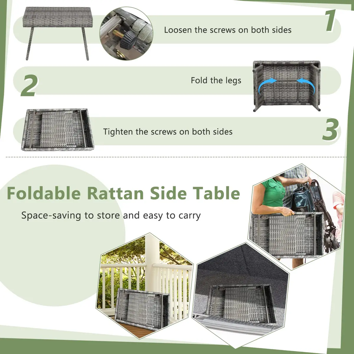 HAPPYGRILL Outdoor Wicker Table Folding Rattan Side Table 24" x 16" | Foldable Patio Garden Table - view 7