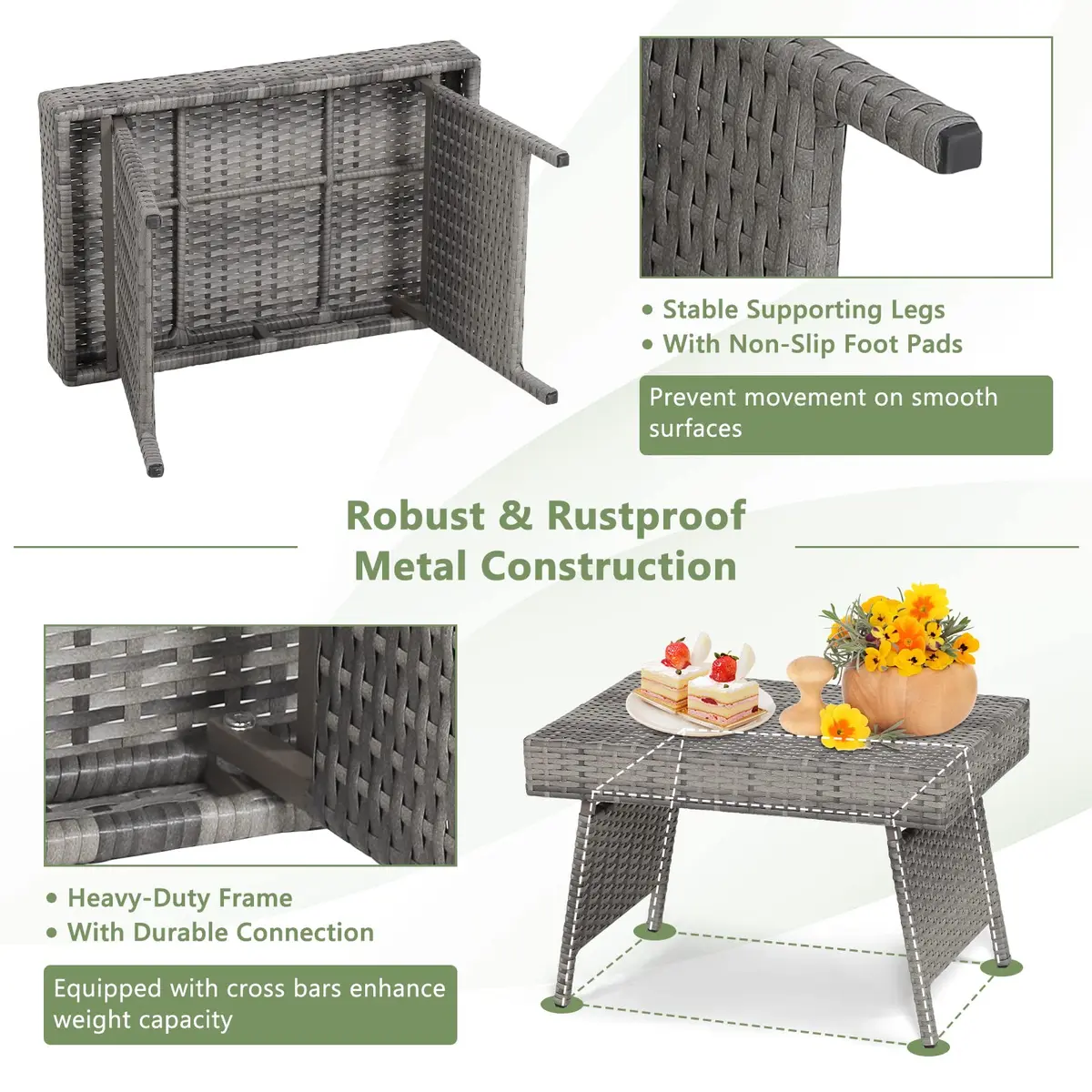 HAPPYGRILL Outdoor Wicker Table Folding Rattan Side Table 24" x 16" | Foldable Patio Garden Table - view 8