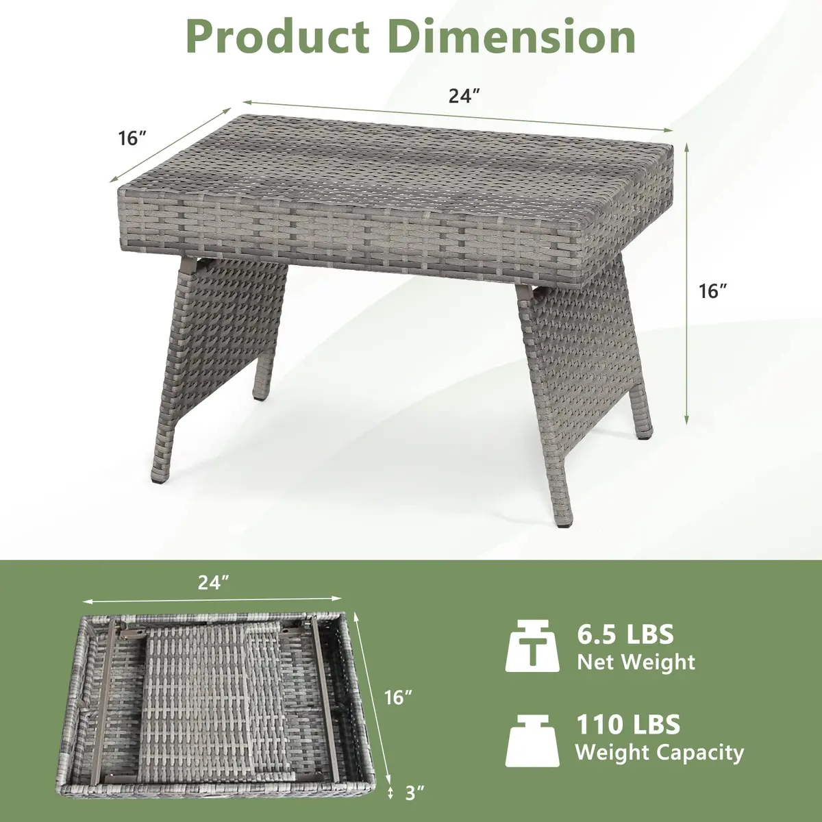 HAPPYGRILL Outdoor Wicker Table Folding Rattan Side Table 24" x 16" | Foldable Patio Garden Table - view 9