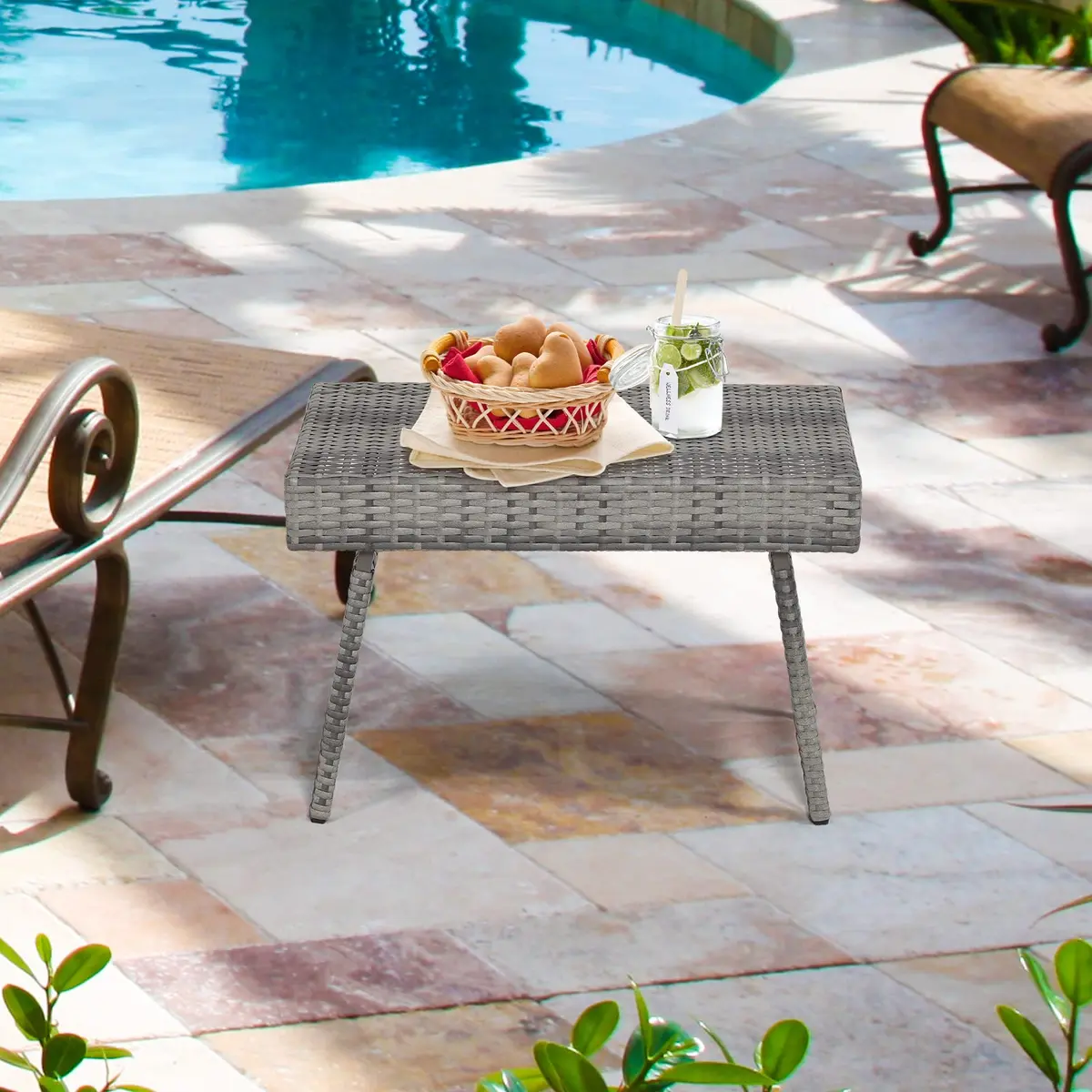 HAPPYGRILL Outdoor Wicker Table Folding Rattan Side Table 24" x 16" | Foldable Patio Garden Table - view 2