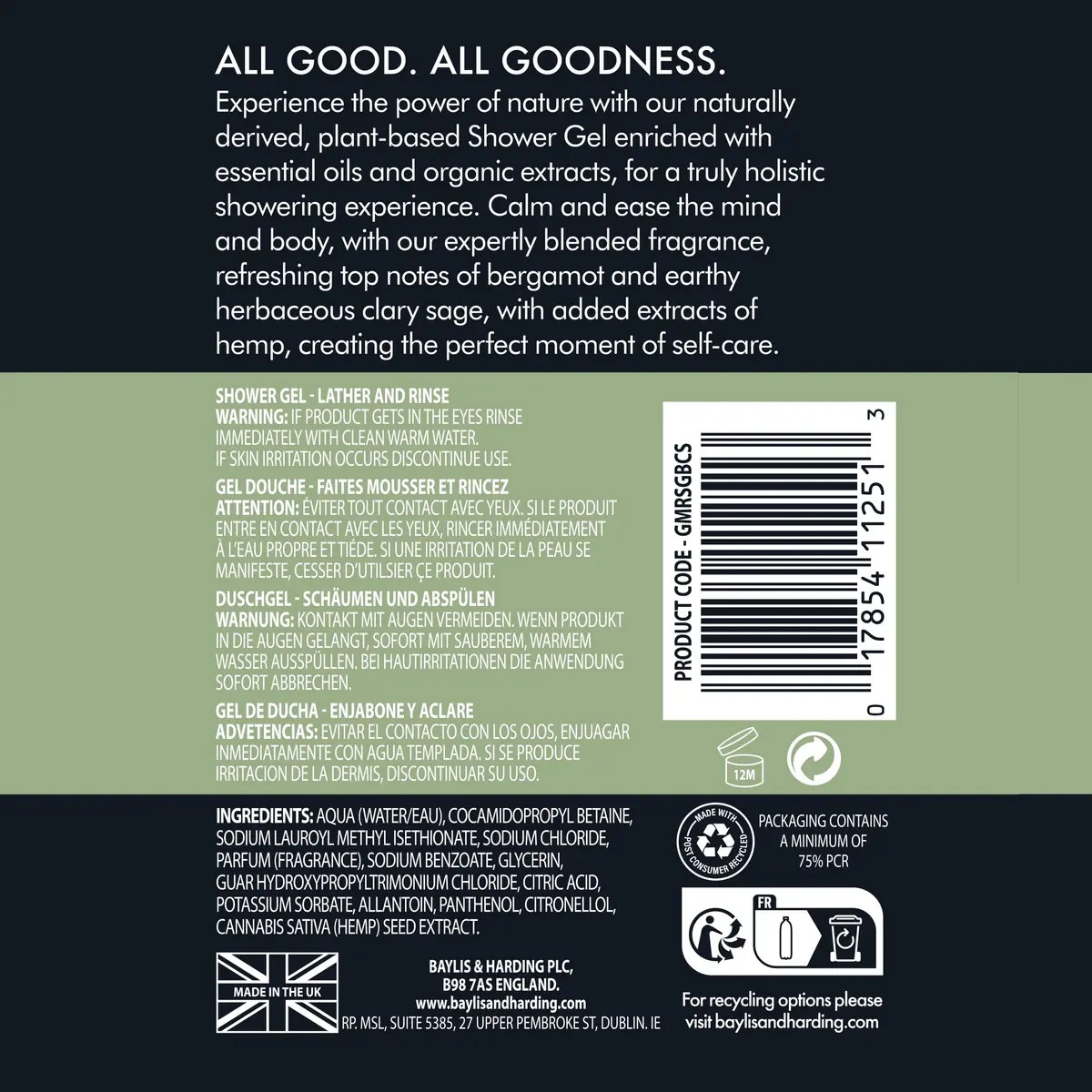 Baylis & Harding Natural Shower Gel 16.9 Fl Oz | Hemp-infused, Sulfate-Free, Vegan, Recyclable Pack - view 6