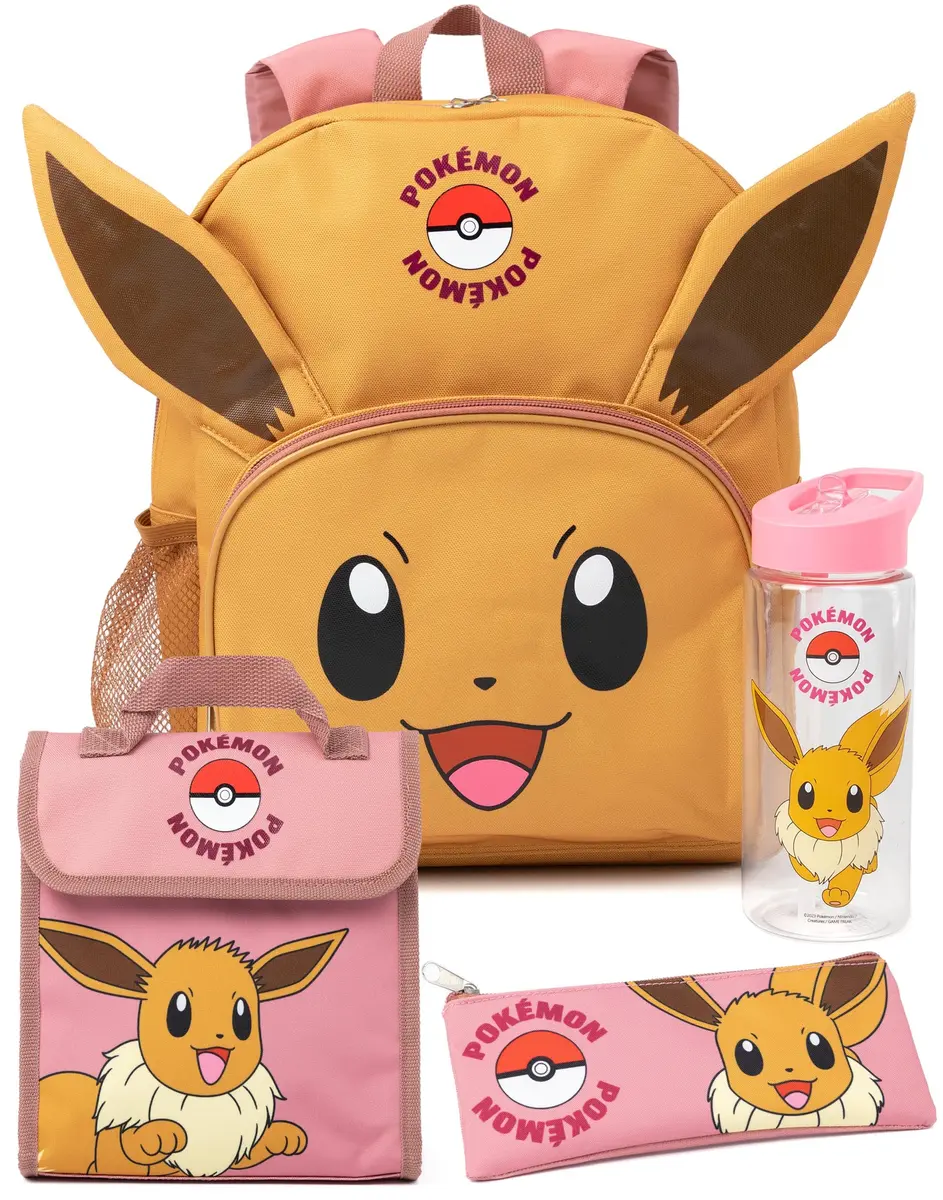 Pokémon Eevee Kids 4 Piece Backpack Set Brown Pink Rucksack Lunch Bag Pencil Case Water Bottle School Accessories Bundle - main product image
