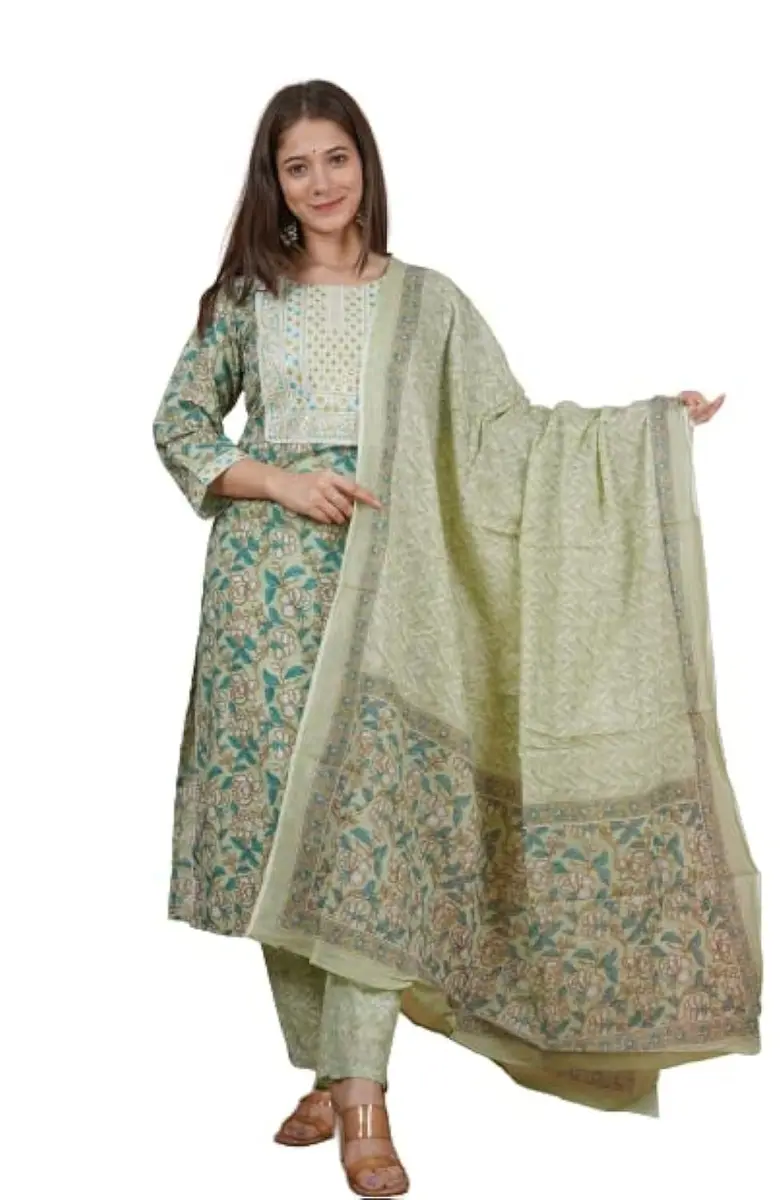 Meera Fab Women's Cotton Printed Green Kurta Set | Embroidery with Palazzo & Dupatta (70-120 chars) - main product image