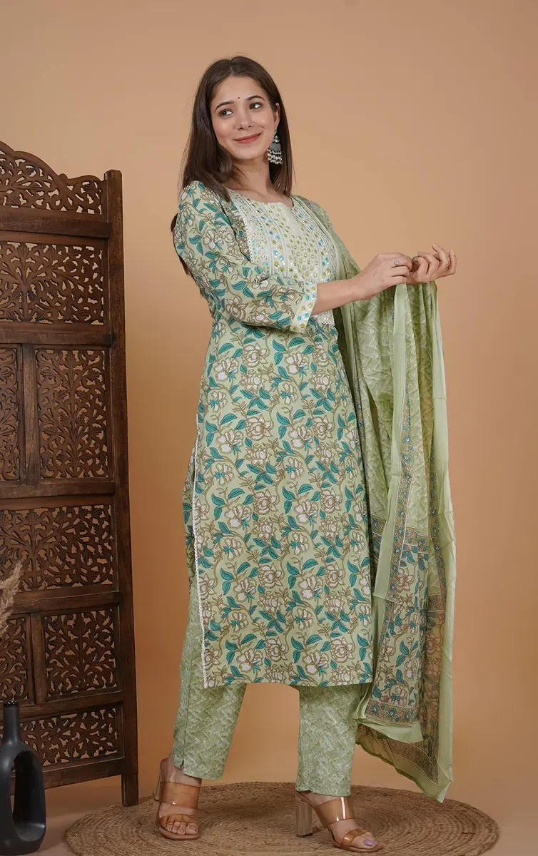 Meera Fab Women's Cotton Printed Green Kurta Set | Embroidery with Palazzo & Dupatta (70-120 chars) - view 6