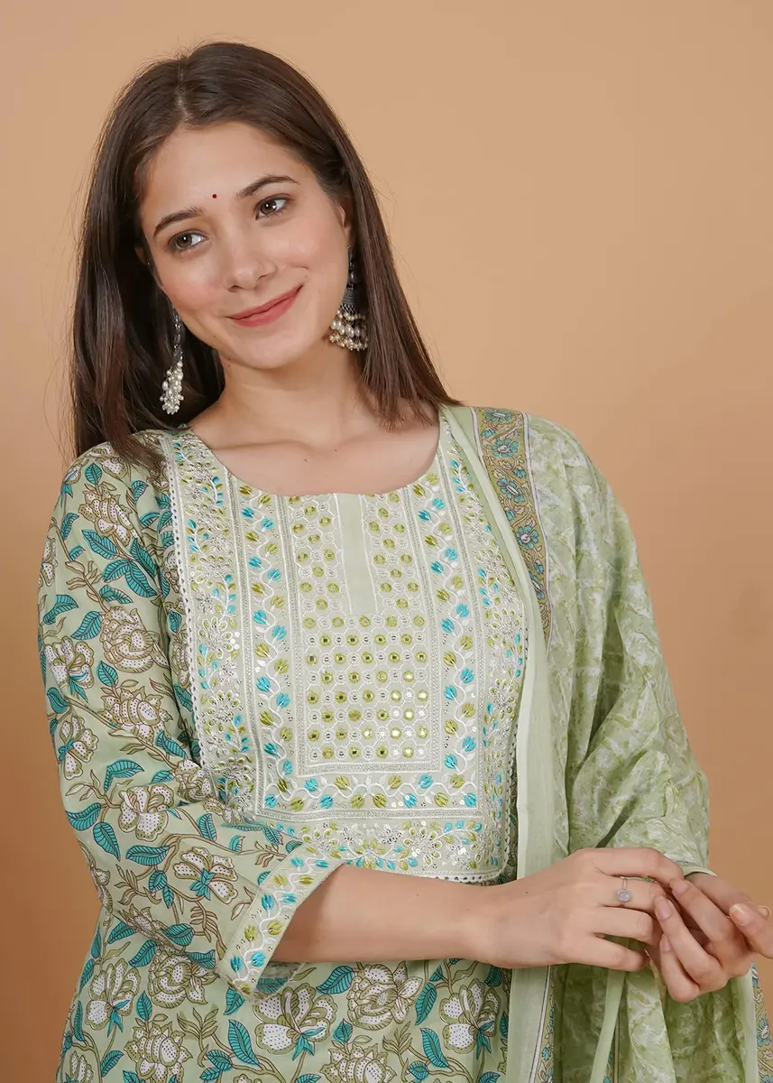 Meera Fab Women's Cotton Printed Green Kurta Set | Embroidery with Palazzo & Dupatta (70-120 chars) - view 7