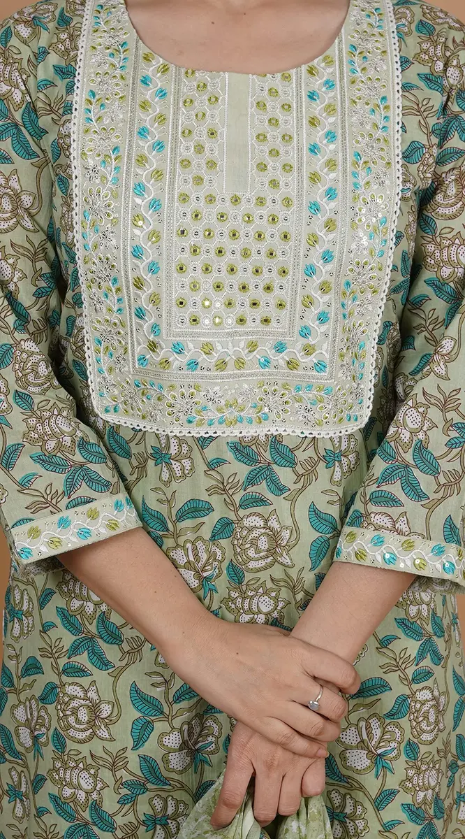 Meera Fab Women's Cotton Printed Green Kurta Set | Embroidery with Palazzo & Dupatta (70-120 chars) - view 8