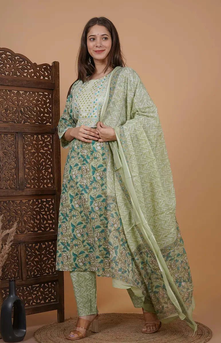 Meera Fab Women's Cotton Printed Green Kurta Set | Embroidery with Palazzo & Dupatta (70-120 chars) - view 9
