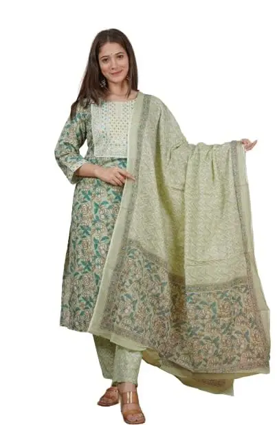 Meera Fab Women's Cotton Printed Green Kurta Set | Embroidery with Palazzo & Dupatta (70-120 chars) - view 2