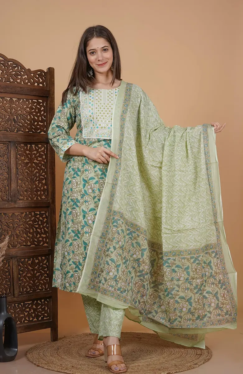 Meera Fab Women's Cotton Printed Green Kurta Set | Embroidery with Palazzo & Dupatta (70-120 chars) - view 4