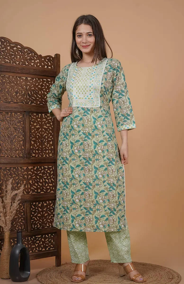Meera Fab Women's Cotton Printed Green Kurta Set | Embroidery with Palazzo & Dupatta (70-120 chars) - view 5