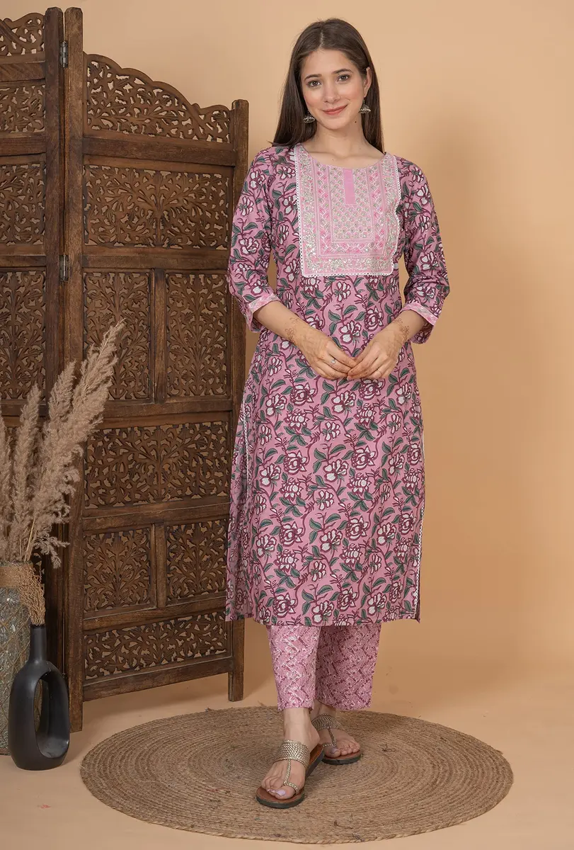 Meera Fab Women's Cotton Printed Kurta Set XX-Large Pink | Light & Soft for Indian Climate - view 5