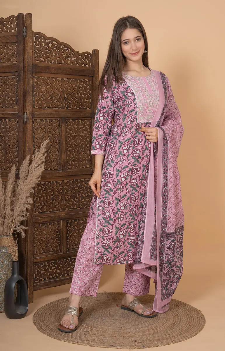 Meera Fab Women's Cotton Printed Kurta Set XX-Large Pink | Light & Soft for Indian Climate - view 3