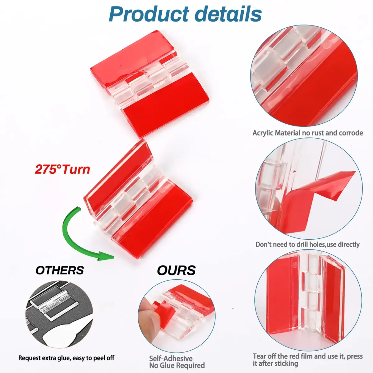 Sliverdew Transparent Acrylic Piano Hinges 65x40 mm (4-Pack) | Self-Adhesive Cabinet Door Hinges - view 3