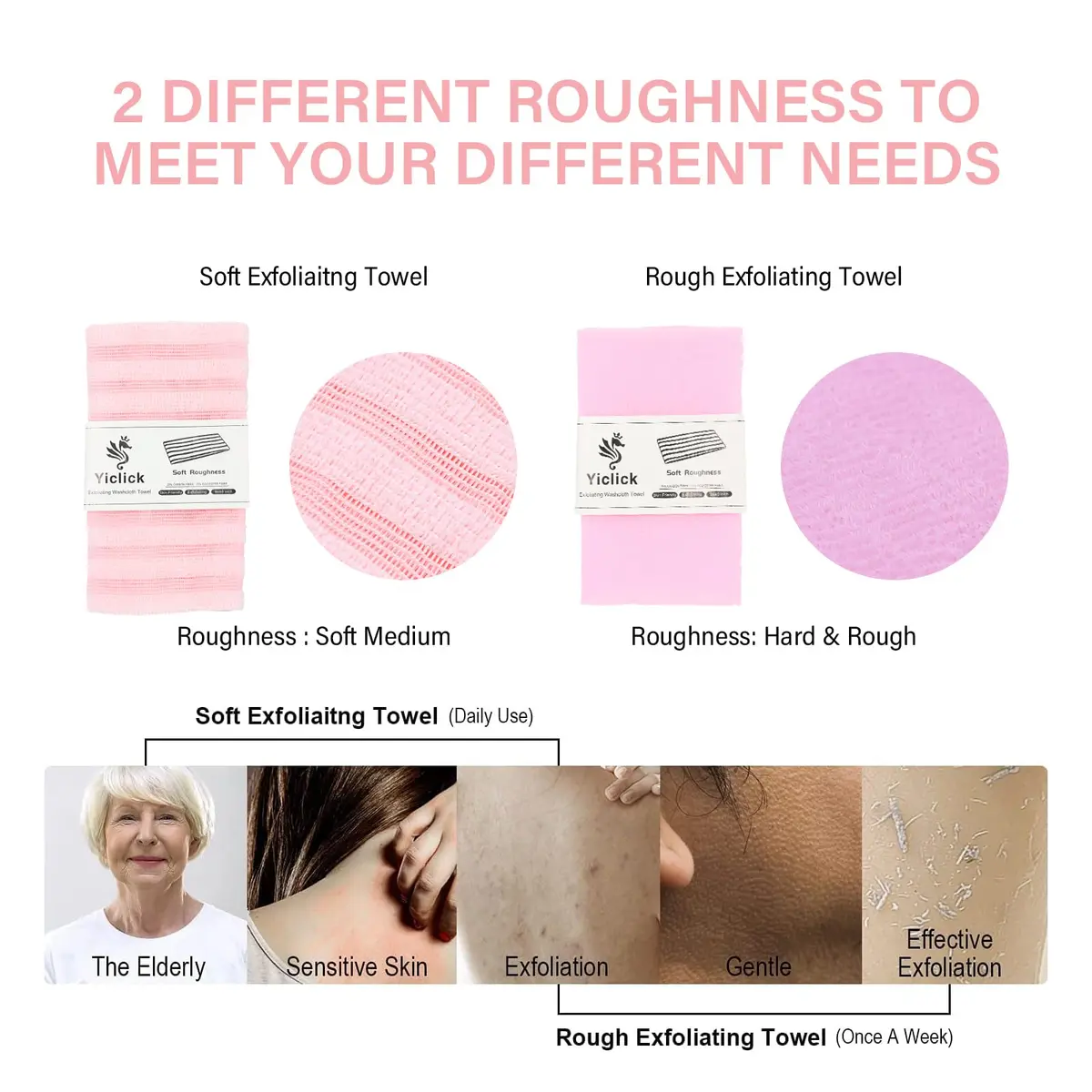Yiclick Exfoliating Washcloth Towel 2 Pack Pink | Soft & Rough Nylon Body Scrubber for Back & Sensitive Skin - view 3
