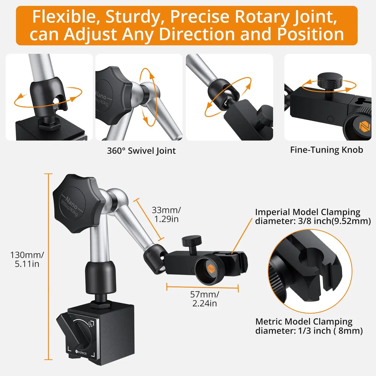 Neoteck Magnetic Base Stand for Test Indicators | 90lbs/40kg Tensile Force, Steel, Compact & Precise - view 4