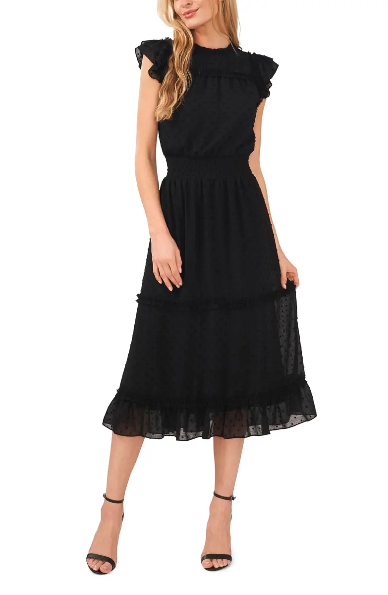CeCe Flutter Sleeve Smocked Waist Midi Dress Rich Black | Feminine, Comfortable, USA Import - main product image