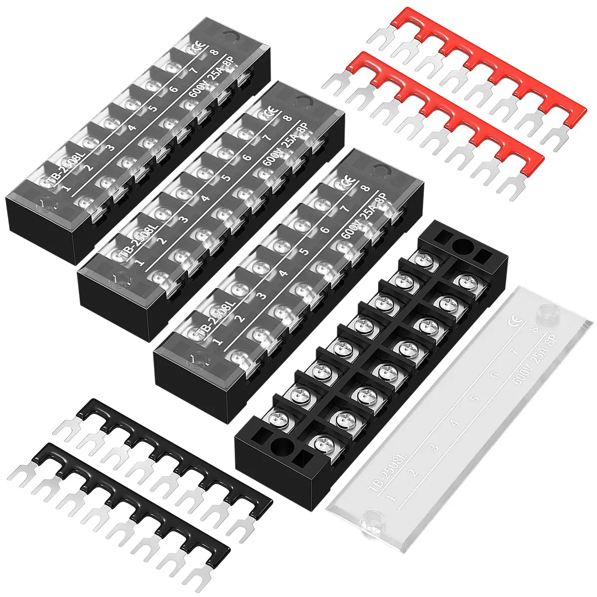 Joinfworld 600V 25A 8-Position Dual Row Terminal Block with Cover & Jumpers (4-Pack) | Industrial Power Distribution - main product image