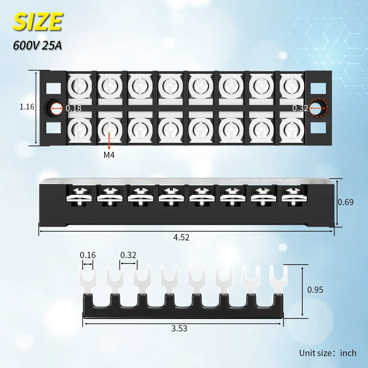 Joinfworld 600V 25A 8-Position Dual Row Terminal Block with Cover & Jumpers (4-Pack) | Industrial Power Distribution - view 2
