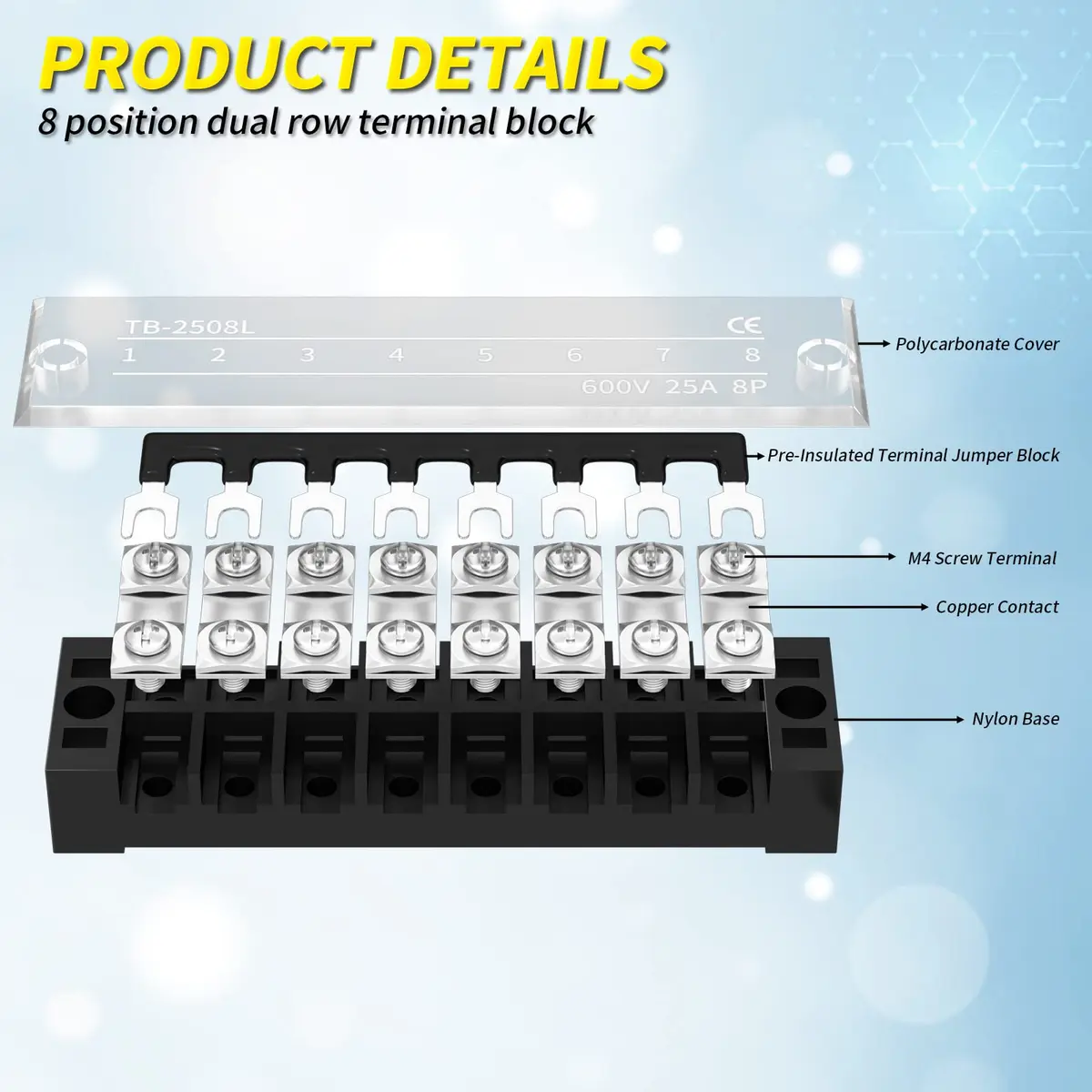 Joinfworld 600V 25A 8-Position Dual Row Terminal Block with Cover & Jumpers (4-Pack) | Industrial Power Distribution - view 3