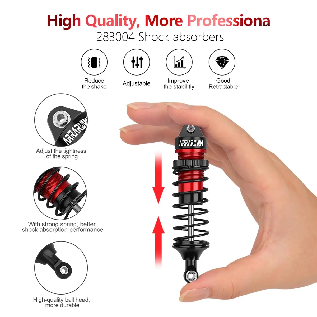 ARRAROWN 4PCS 1/10 RC Car Shocks Front & Rear Shock Absorber Set 100mm/90mm Front, 115mm/105mm Rear | CNC Machined Metal Upgrade Parts - view 5