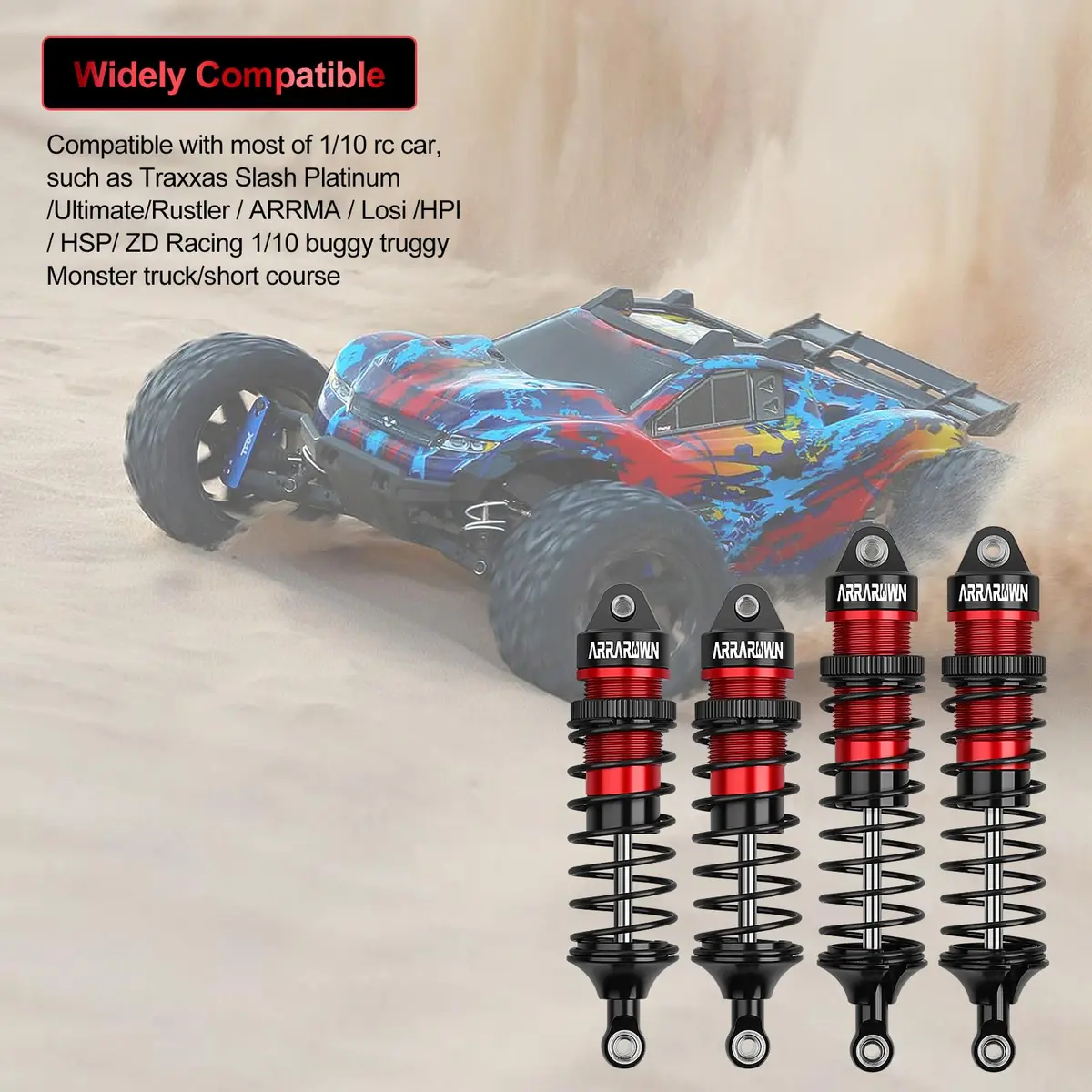 ARRAROWN 4PCS 1/10 RC Car Shocks Front & Rear Shock Absorber Set 100mm/90mm Front, 115mm/105mm Rear | CNC Machined Metal Upgrade Parts - view 2