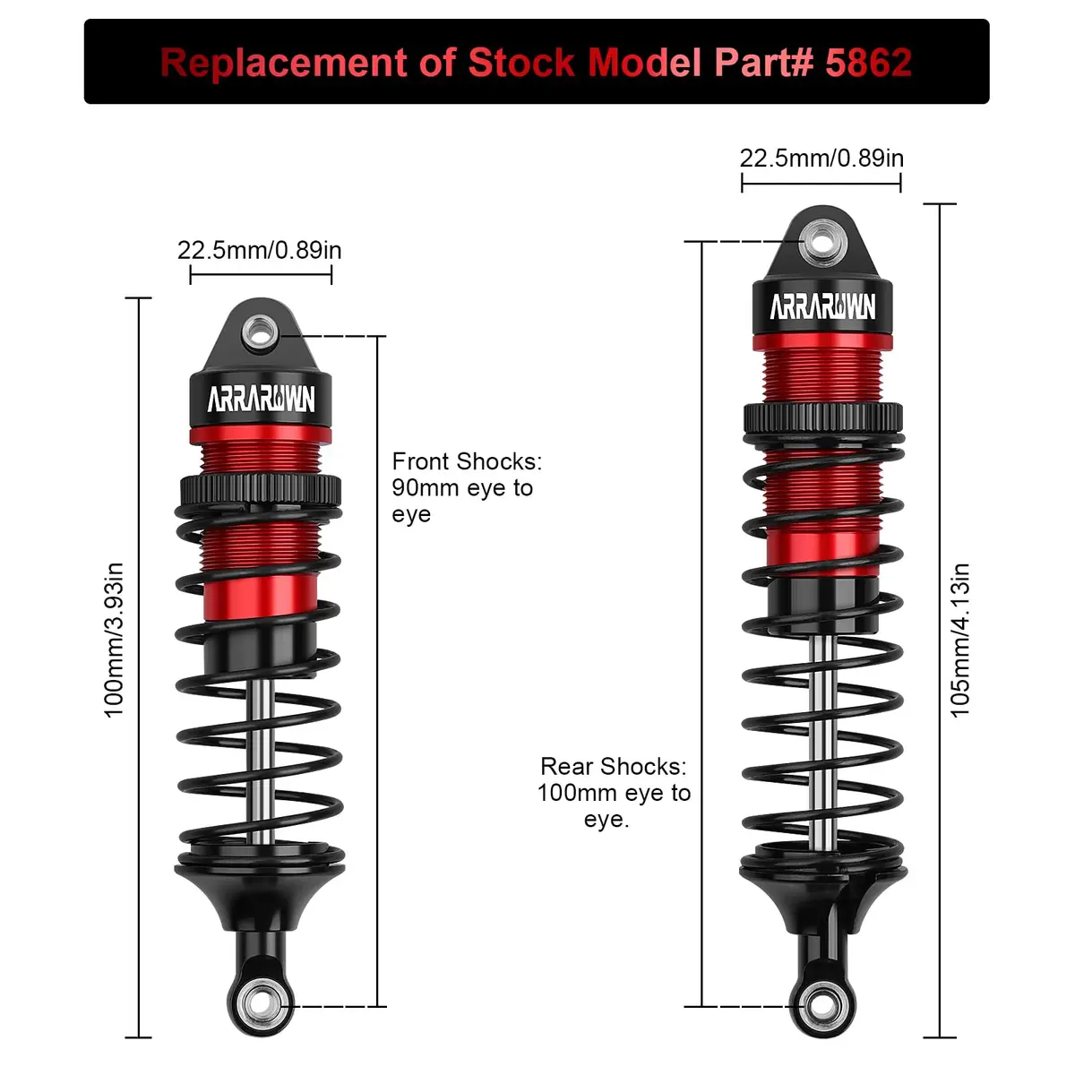 ARRAROWN 4PCS 1/10 RC Car Shocks Front & Rear Shock Absorber Set 100mm/90mm Front, 115mm/105mm Rear | CNC Machined Metal Upgrade Parts - view 3