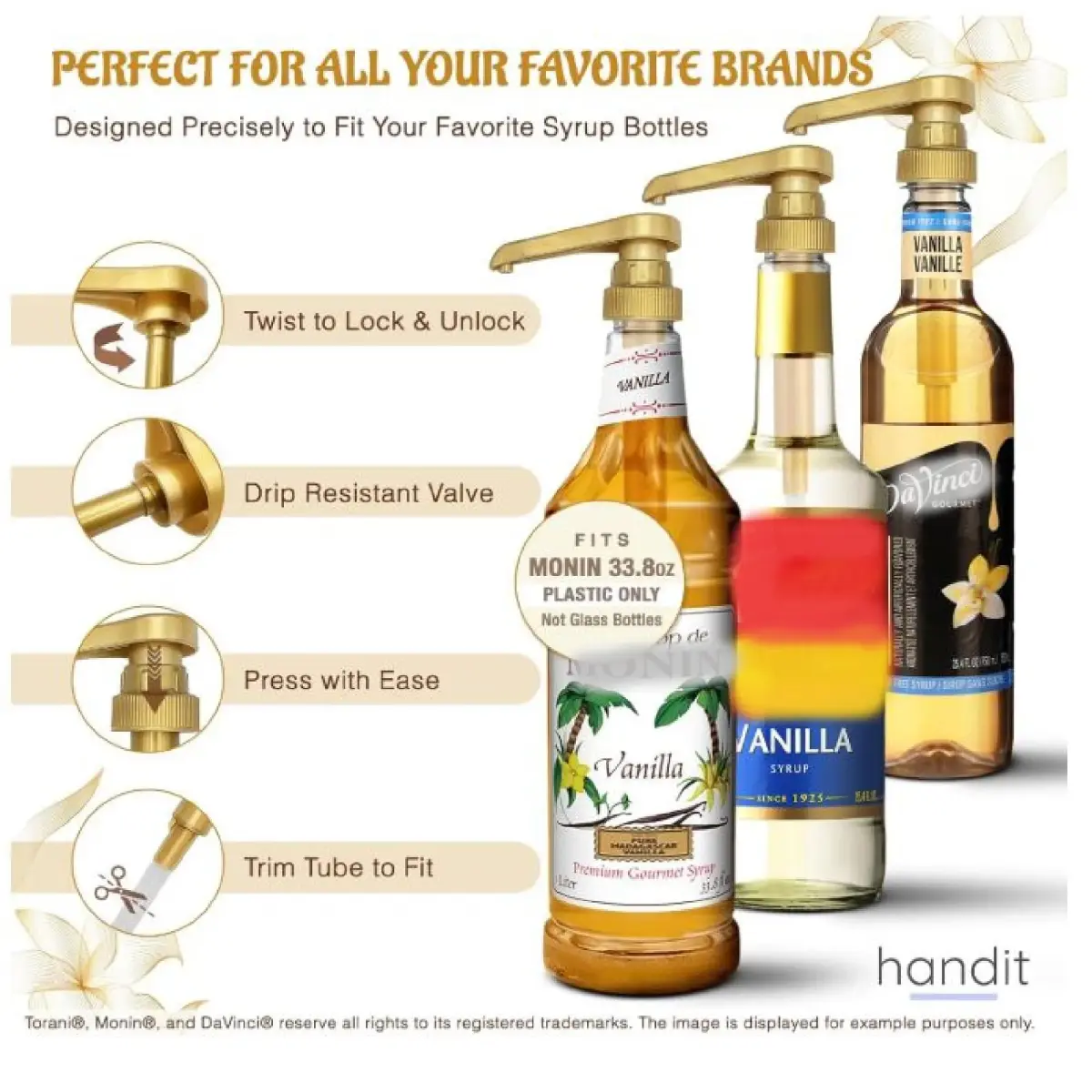 HANDIT Gold Coffee Syrup Pumps for Torani & Davinci Bottles | 8cc (0.25 oz) Dispense | 4-Pack - view 2