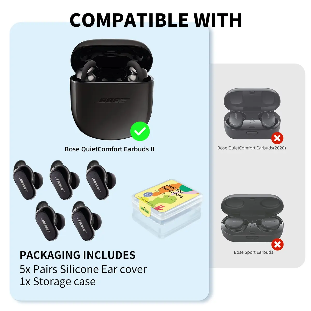 WOFRO Bose QuietComfort Ear Tips Covers - 5 Pairs, Anti Slip Silicone Sport Wingtip, Compatible with QC Earbuds 2 & Ultra (Black) | Secure Fit & Comfort - view 7