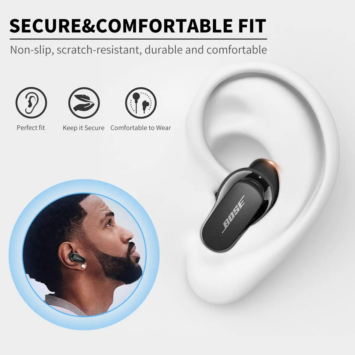 WOFRO Bose QuietComfort Ear Tips Covers - 5 Pairs, Anti Slip Silicone Sport Wingtip, Compatible with QC Earbuds 2 & Ultra (Black) | Secure Fit & Comfort - view 2