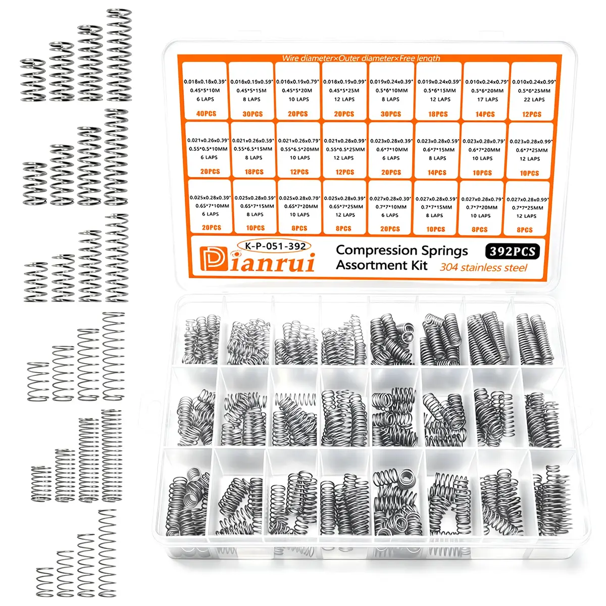 Dianrui Compression Springs Assortment Kit 392PCS | 24 Sizes Stainless Steel for DIY Repair - main product image