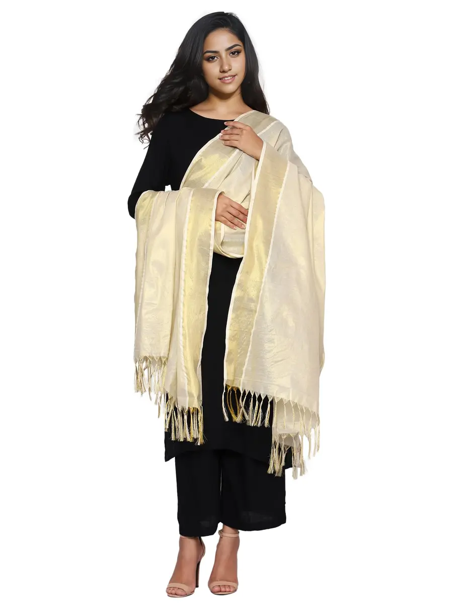 Fashily Women's Off White Cotton Dupatta (Gold Kasavu) | Traditional Kerala Style - view 2