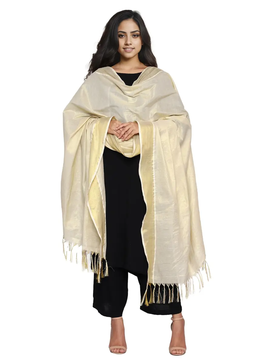 Fashily Women's Off White Cotton Dupatta (Gold Kasavu) | Traditional Kerala Style - view 3