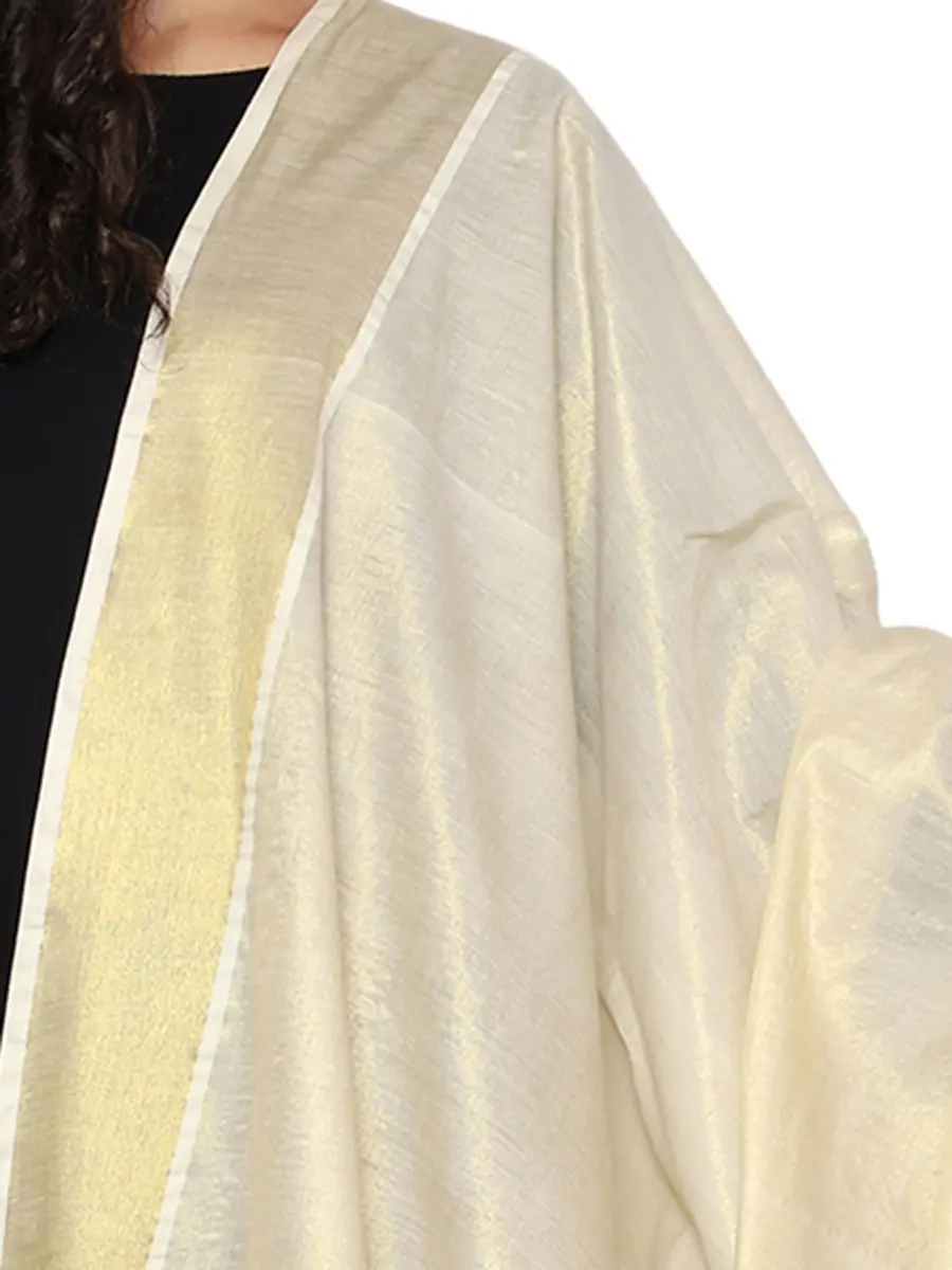 Fashily Women's Off White Cotton Dupatta (Gold Kasavu) | Traditional Kerala Style - view 4