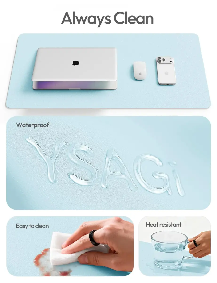 YSAGi Baby Blue PU Leather Desk Protector Large Mouse Mat 80cm x 40cm | Protects Desks, Doubles as Mouse Pad - view 8