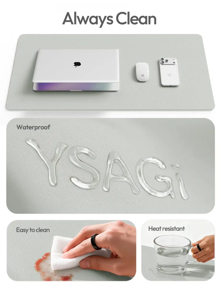 YSAGi Light Grey PU Leather Desk Pad Protector 59.9 cm x 35.1 cm (23.6" x 13.8") | Protects Desk Surface, Doubles as Large Mouse Pad - view 8