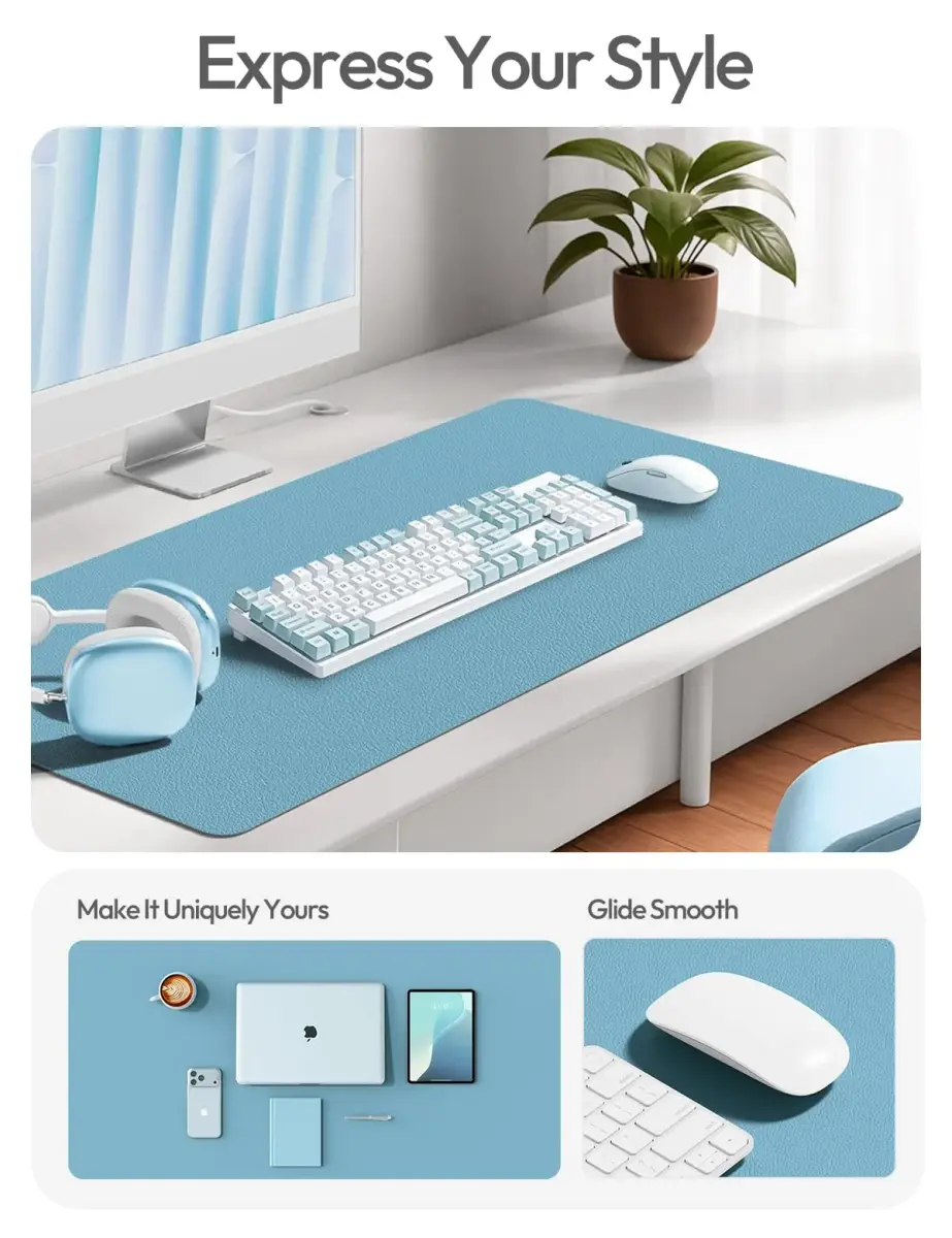 YSAGi Sea Blue PU Leather Desk Protector Mat, Large Mouse Pad, 23.6" x 13.8" | Protects Your Desk Surface - view 2