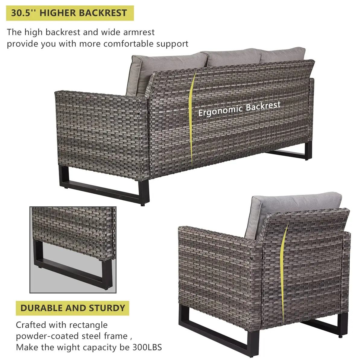 HUMMUH 6 Piece Patio Furniture Set All Weather Wicker, High Back Chairs, Coffee Table & Ottomans | Weather-Resistant Outdoor Lounge - view 5