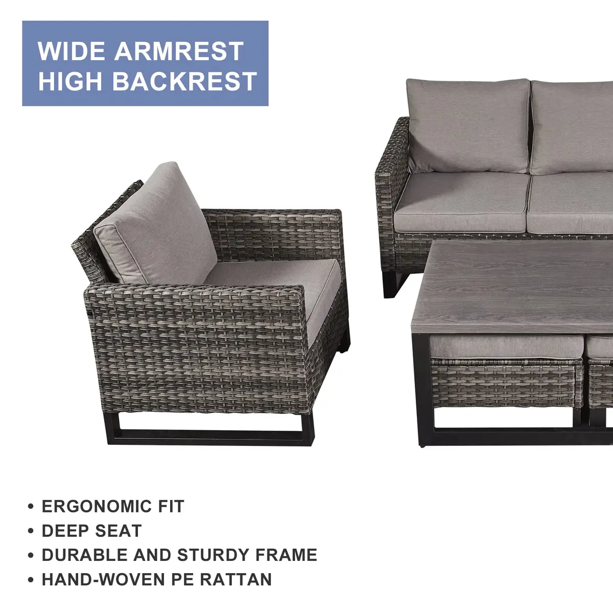 HUMMUH 6 Piece Patio Furniture Set All Weather Wicker, High Back Chairs, Coffee Table & Ottomans | Weather-Resistant Outdoor Lounge - view 8