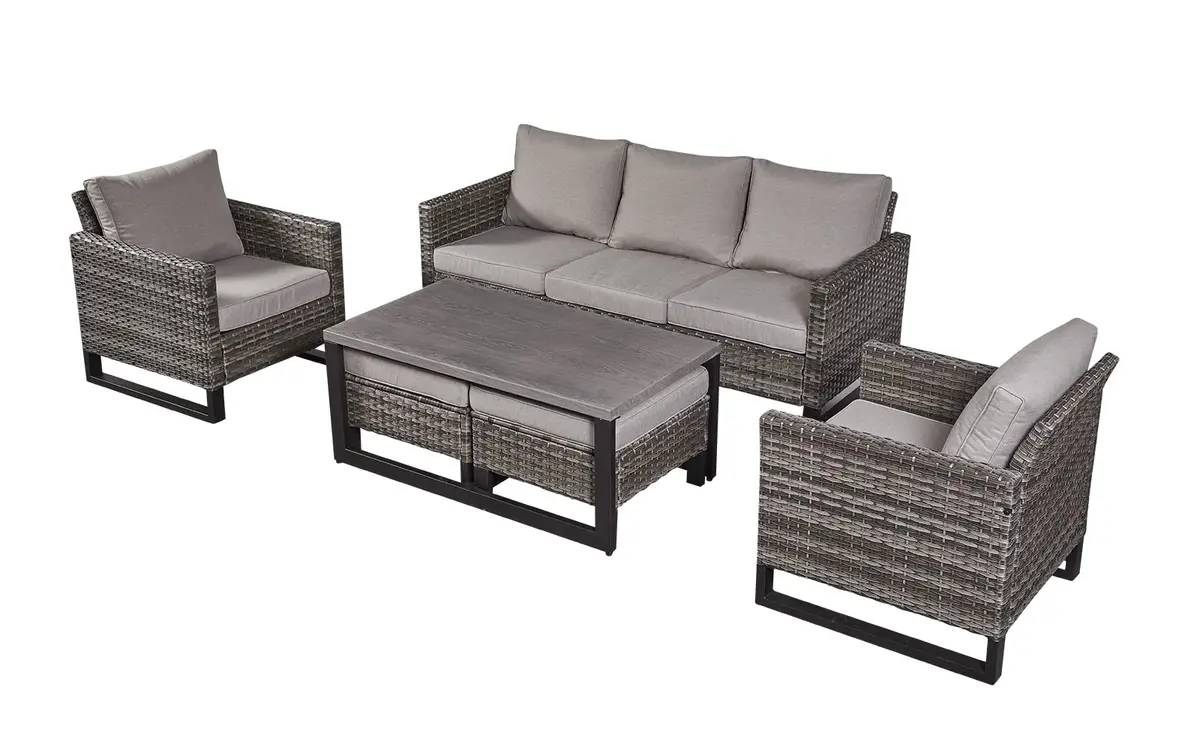 HUMMUH 6 Piece Patio Furniture Set All Weather Wicker, High Back Chairs, Coffee Table & Ottomans | Weather-Resistant Outdoor Lounge - view 2