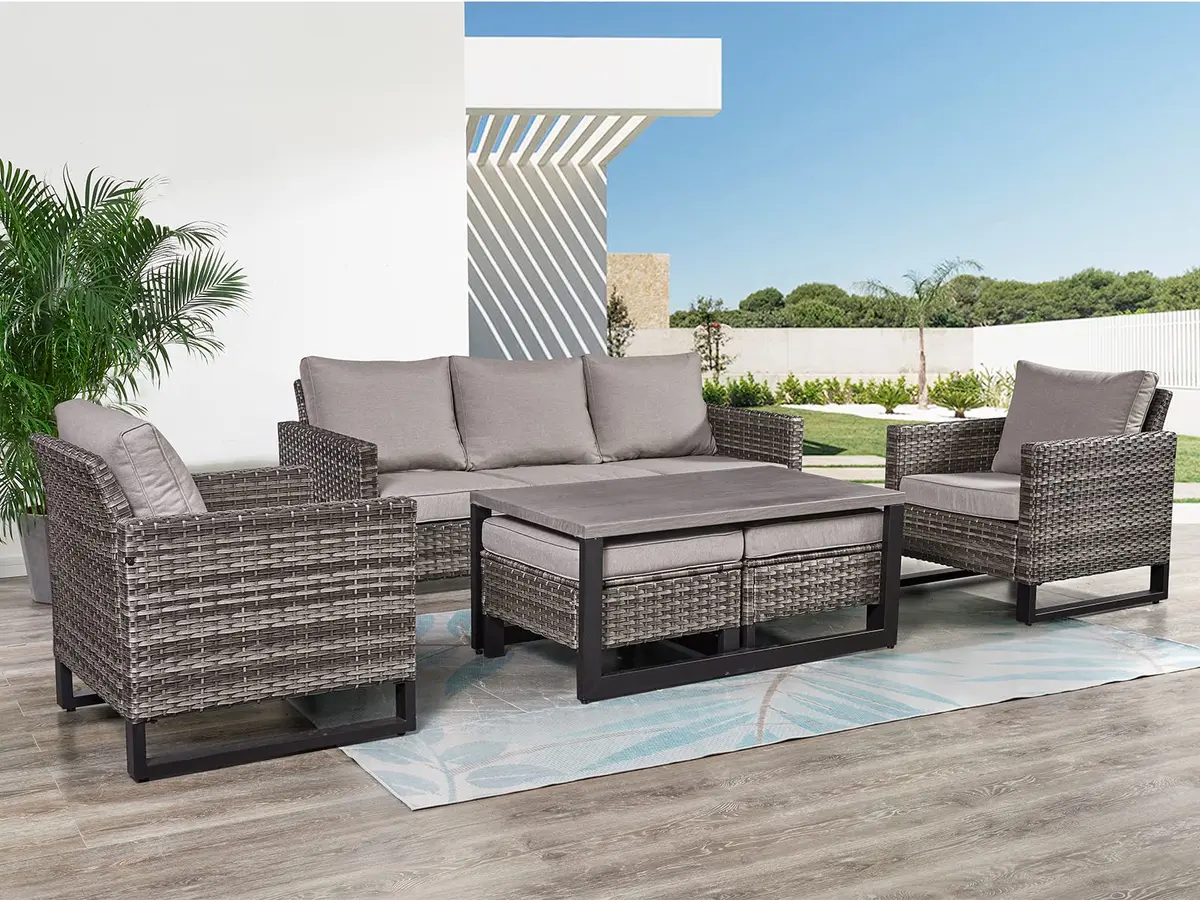 HUMMUH 6 Piece Patio Furniture Set All Weather Wicker, High Back Chairs, Coffee Table & Ottomans | Weather-Resistant Outdoor Lounge - view 3