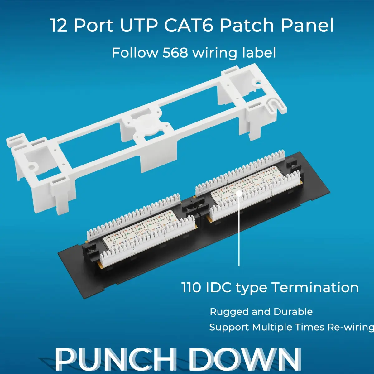 Rapink 12-Port Cat6 Ethernet Patch Panel 10Gbps | 10-Inch Width, Gold-Plated RJ45 - view 5