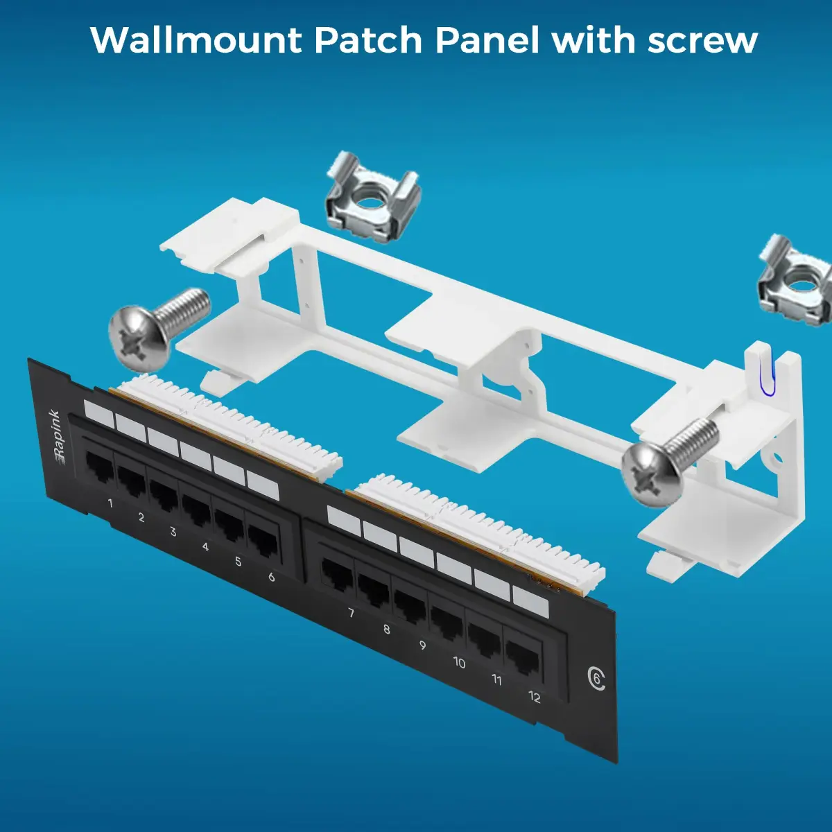 Rapink 12-Port Cat6 Ethernet Patch Panel 10Gbps | 10-Inch Width, Gold-Plated RJ45 - view 6
